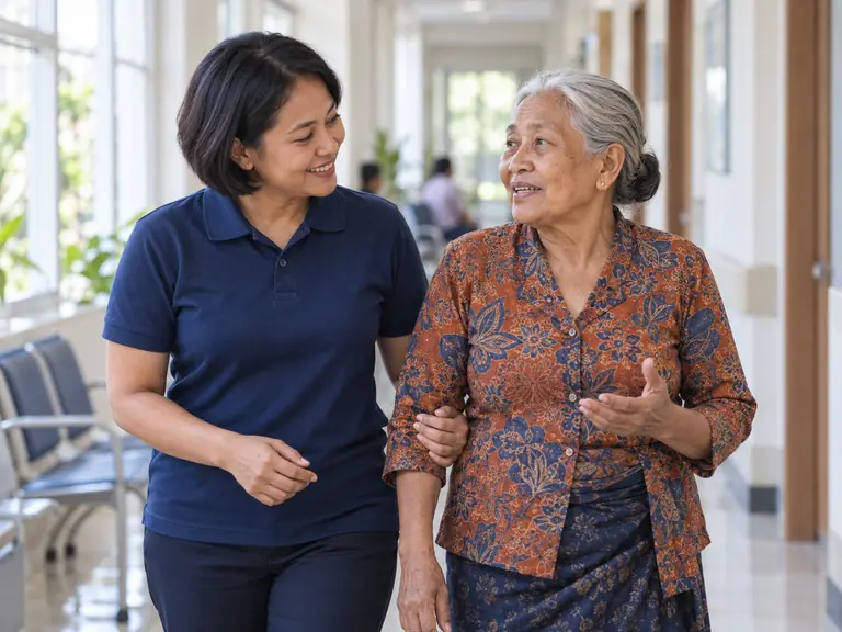 Pendamping lokal mendengarkan orang tua dengan penuh perhatian.